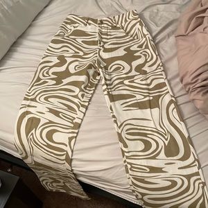 NEVER WORN- Small, Green and white swirl straight legged jeans.